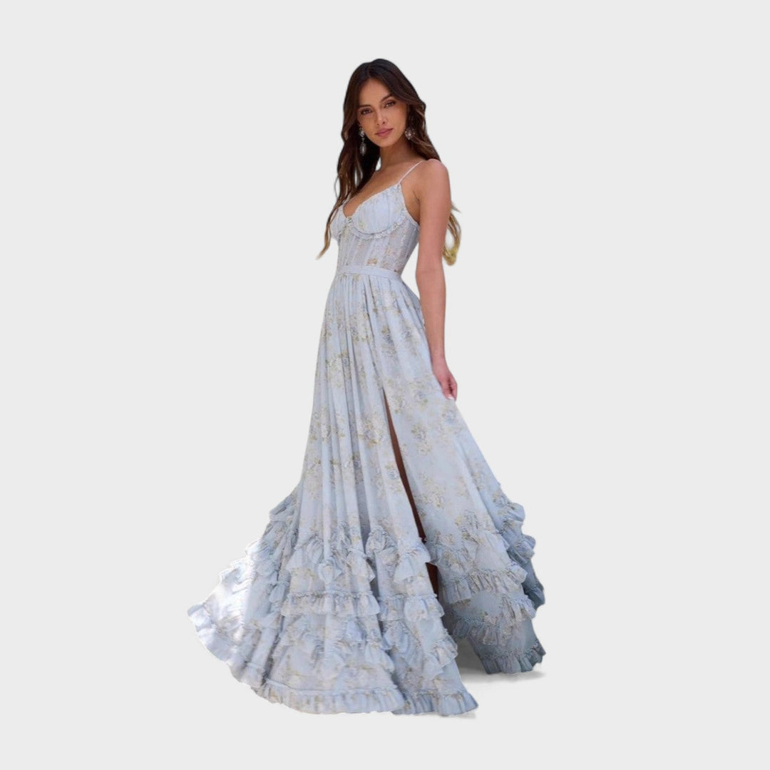 Florencija - Ilga bohemiška suknelė su skeltuku ir volanais.