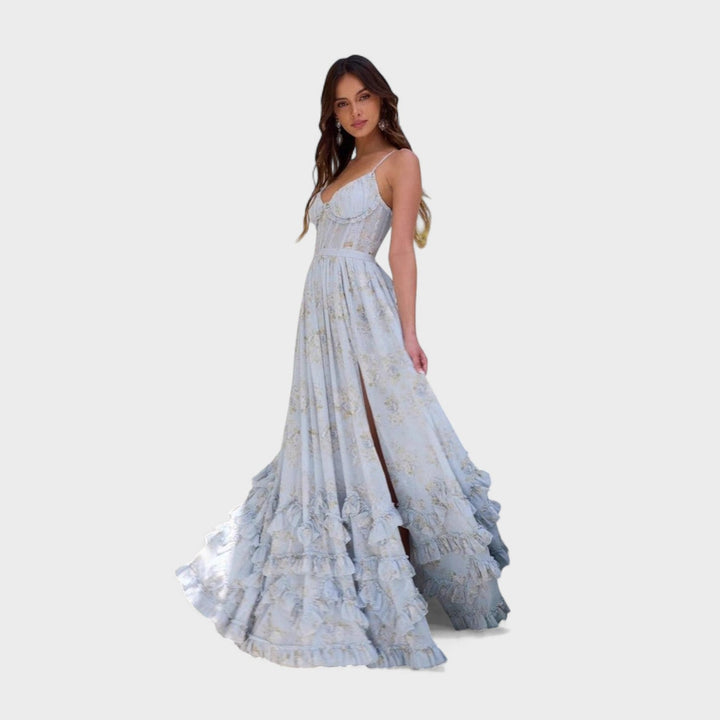 Florencija - Ilga bohemiška suknelė su skeltuku ir volanais.