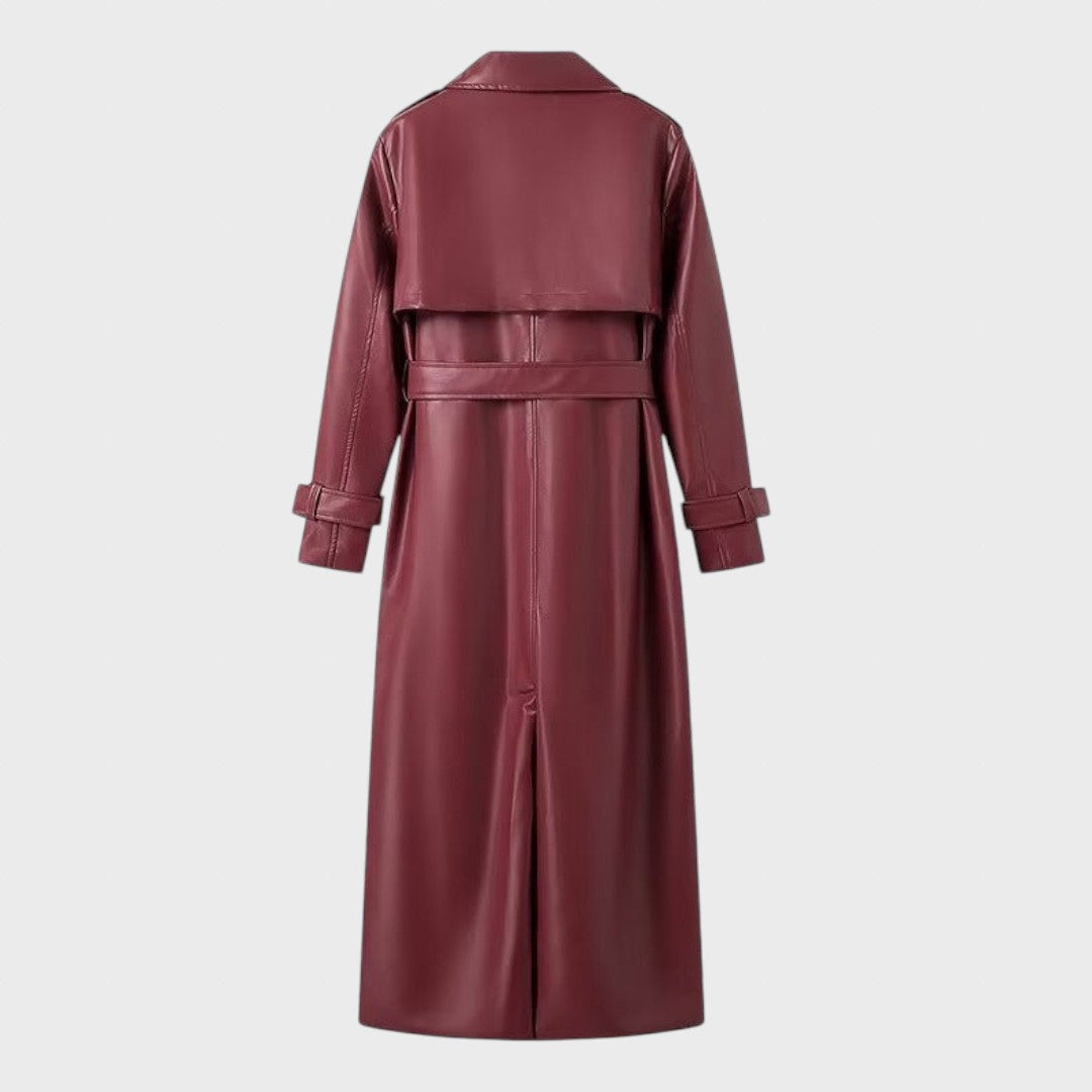 Ilgatis | Moteriškas ilgas lietpaltis iš dirbtinės odos su atverčiamais atlapais