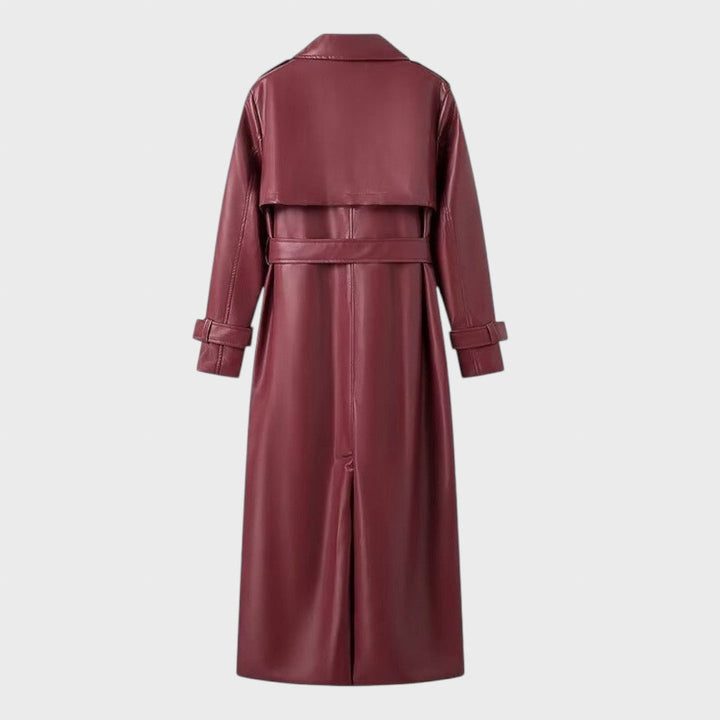 Ilgatis | Moteriškas ilgas lietpaltis iš dirbtinės odos su atverčiamais atlapais