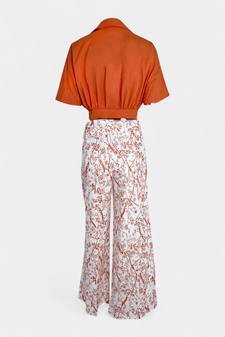Olivia Boho komplektas su V formos iškirpte ir plačiomis kelnėmis
