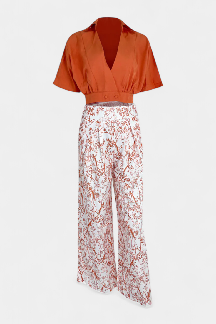Olivia Boho komplektas su V formos iškirpte ir plačiomis kelnėmis