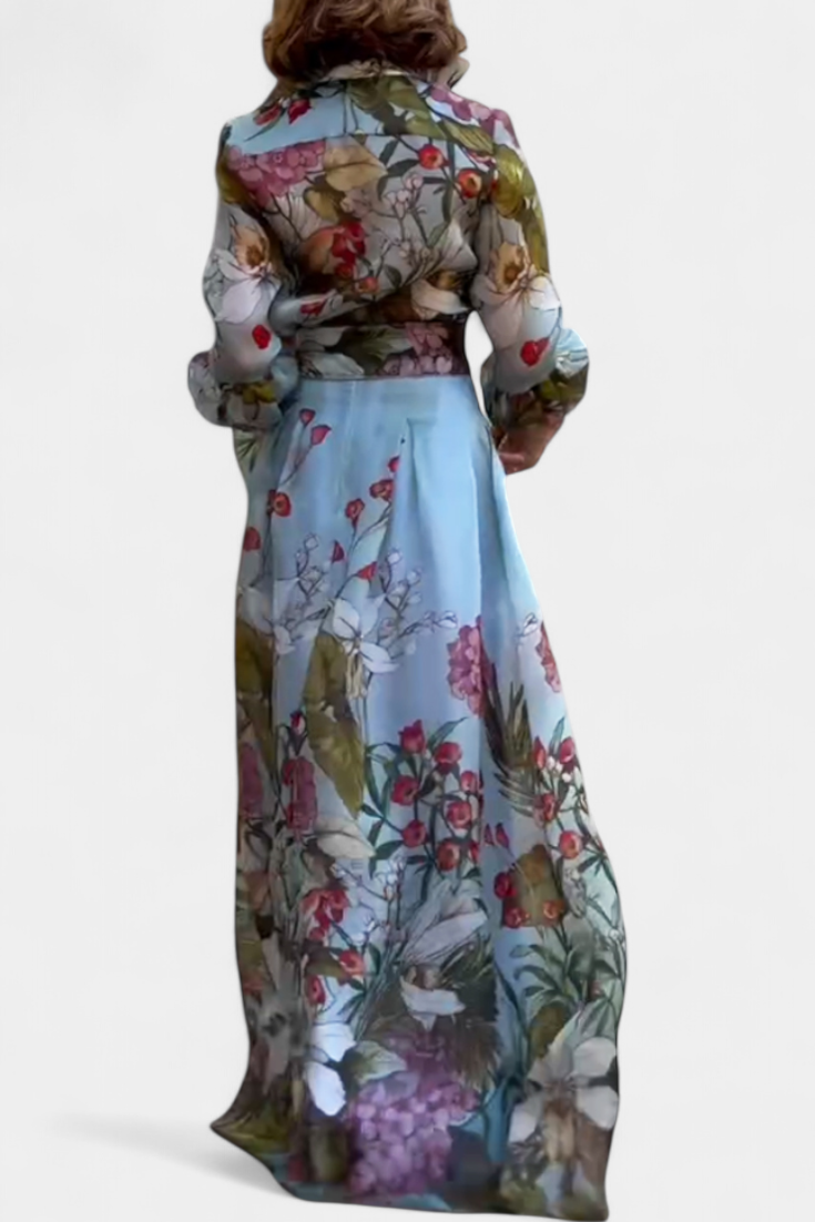 Sanne Elegantiškas Komplektas Su Gėlių Raštu Marškiniais ir Plazdančiomis Kelnėmis