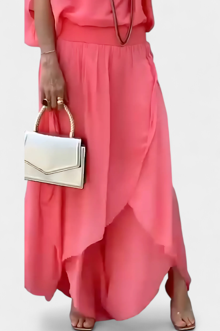 Maravilla dviejų dalių plazdantis komplektas su laisvu topu ir asimetrine sijonu