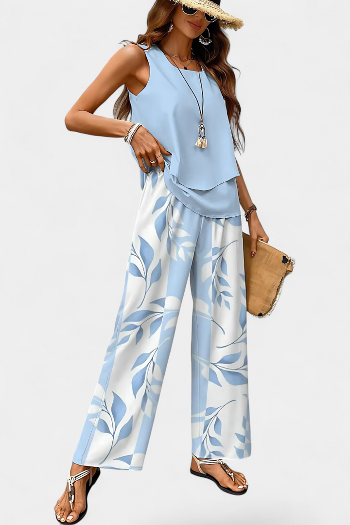 Martina Boho Elegantiškas Komplektas Be Rankovių su Tiesiomis Kelnėmis su Raštu