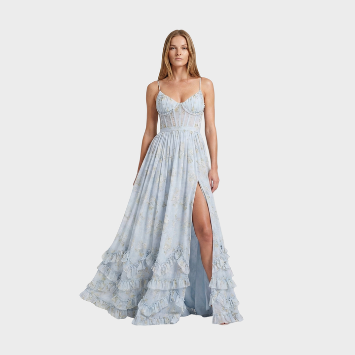 Florencija - Ilga bohemiška suknelė su skeltuku ir volanais.