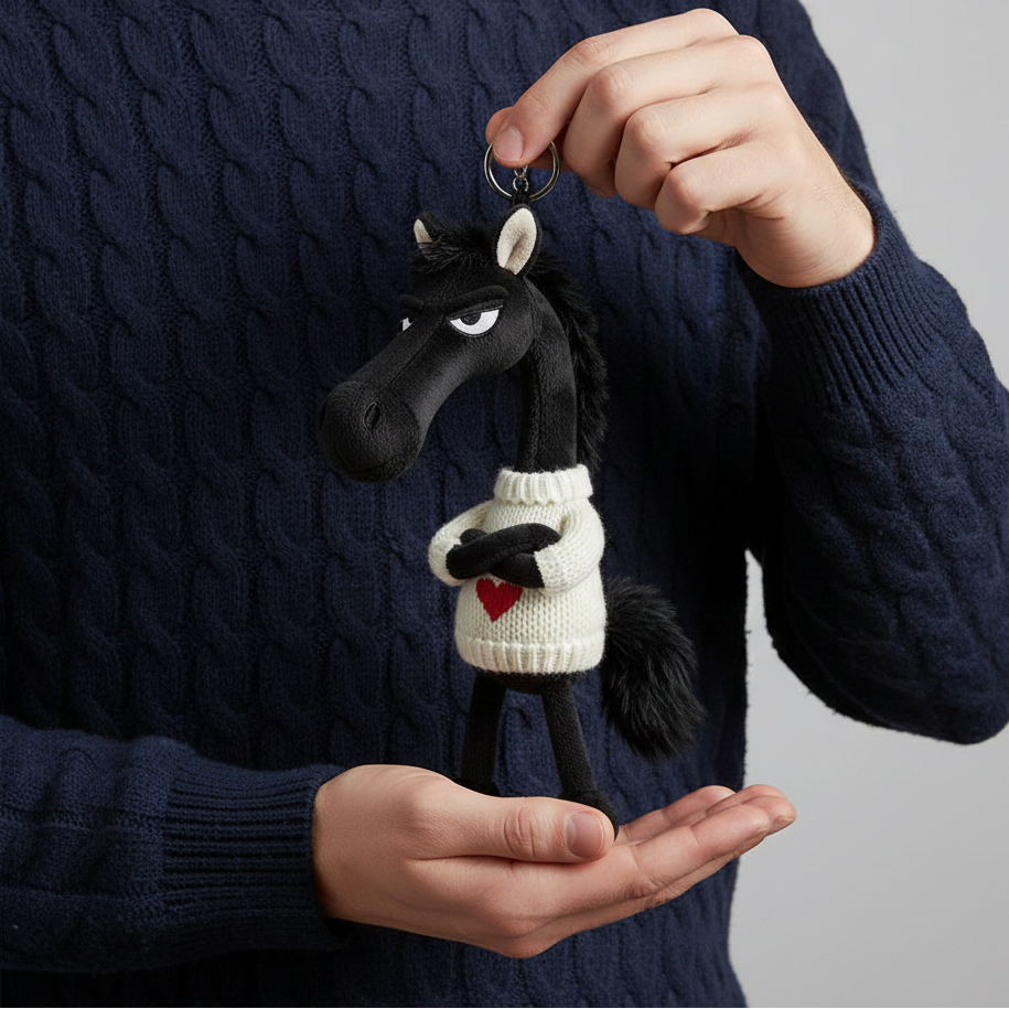 Įžūlus arklys - juodai baltas su širdelės formos raktų pakabuku