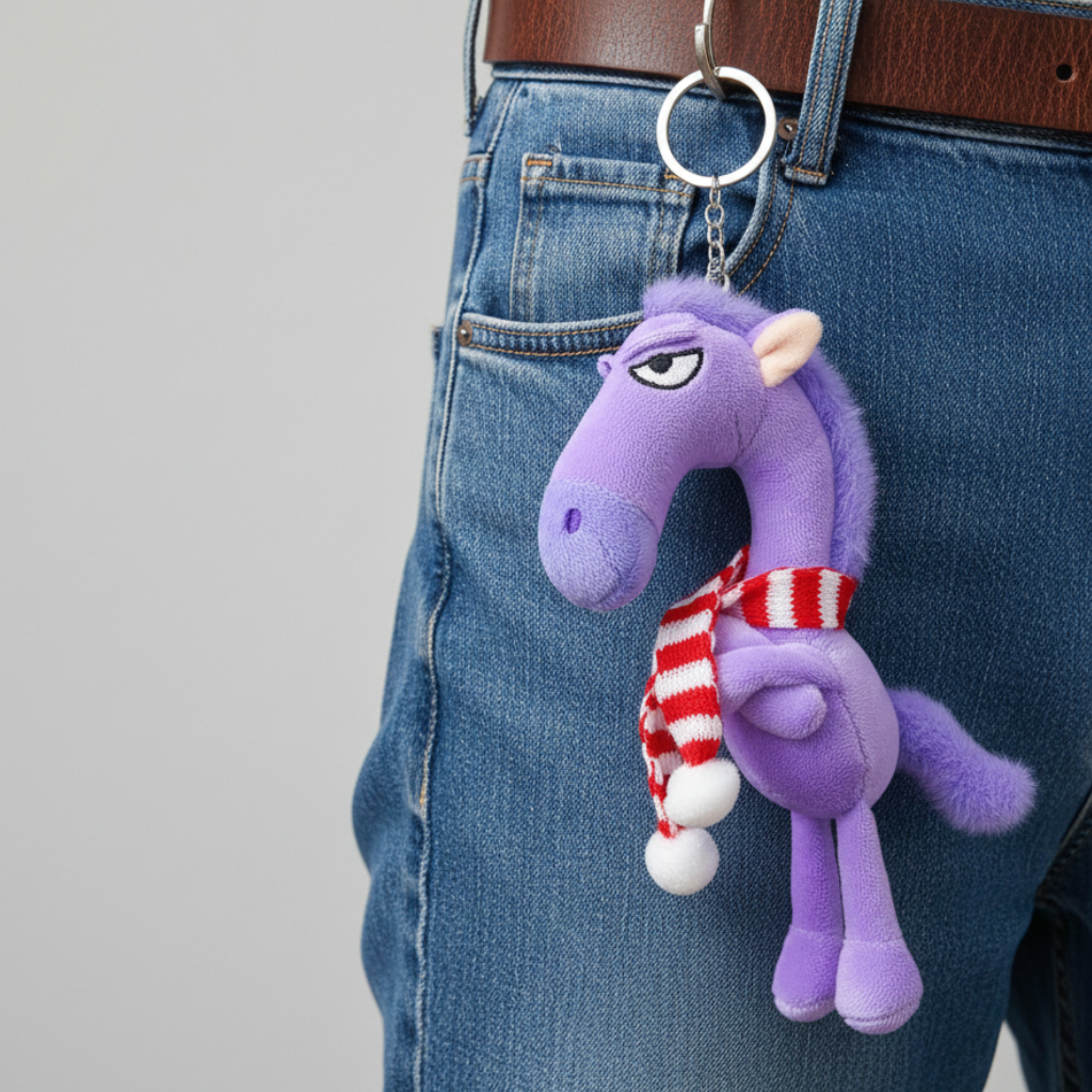 Įžūlus arklys - violetinis ir raudonas raktų pakabukas