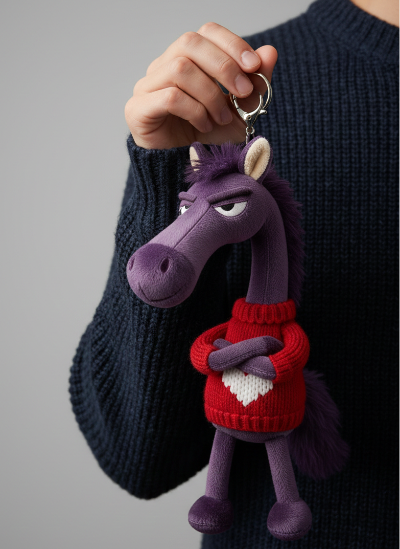 Įžūlus arklys - violetinės ir raudonos širdies raktų pakabukas