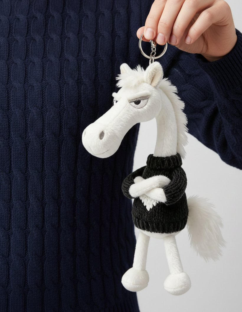 Įžūlus arklys - baltas su juoda širdele raktų pakabukas