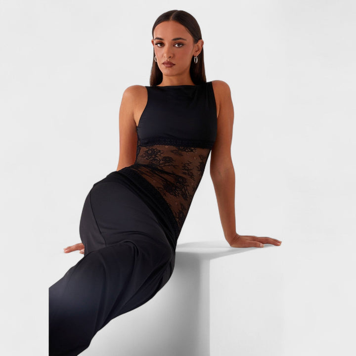 Lucinda - Juodas ilgas nėriniuotas suknelė