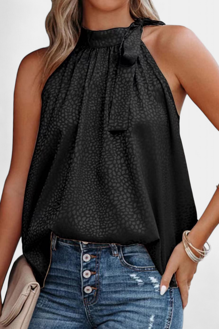 Adela | Leopardų raštuotas be rankovių su aukšta apykakle ir kaspinu