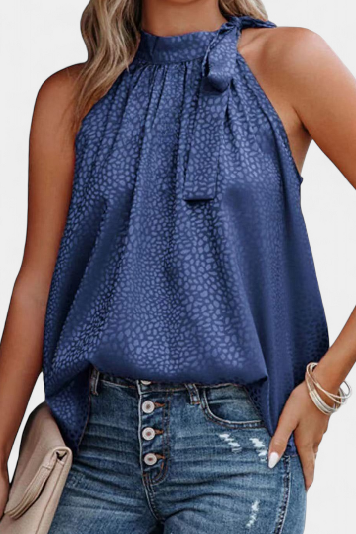 Adela | Leopardų raštuotas be rankovių su aukšta apykakle ir kaspinu