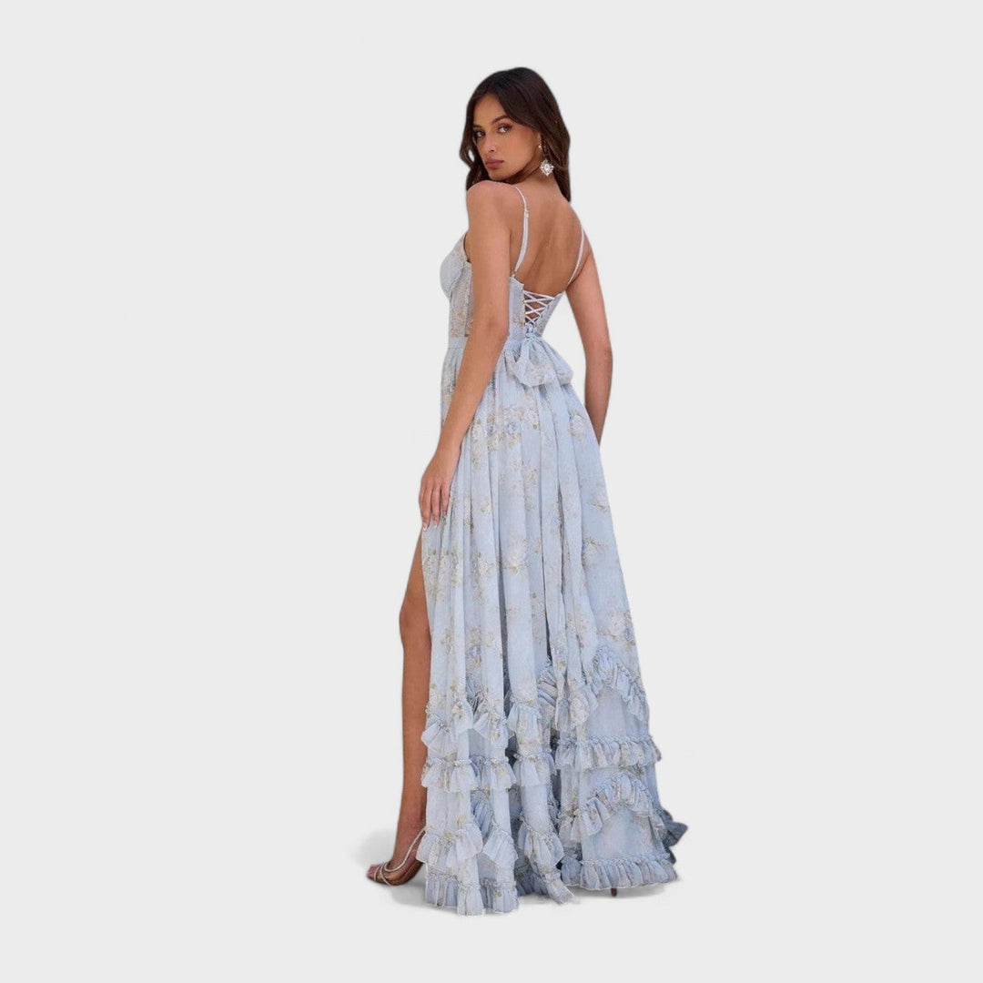 Florencija - Ilga bohemiška suknelė su skeltuku ir volanais.