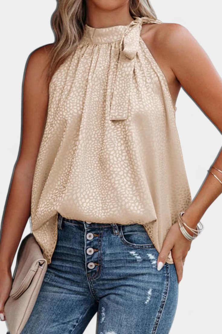 Adela | Leopardų raštuotas be rankovių su aukšta apykakle ir kaspinu