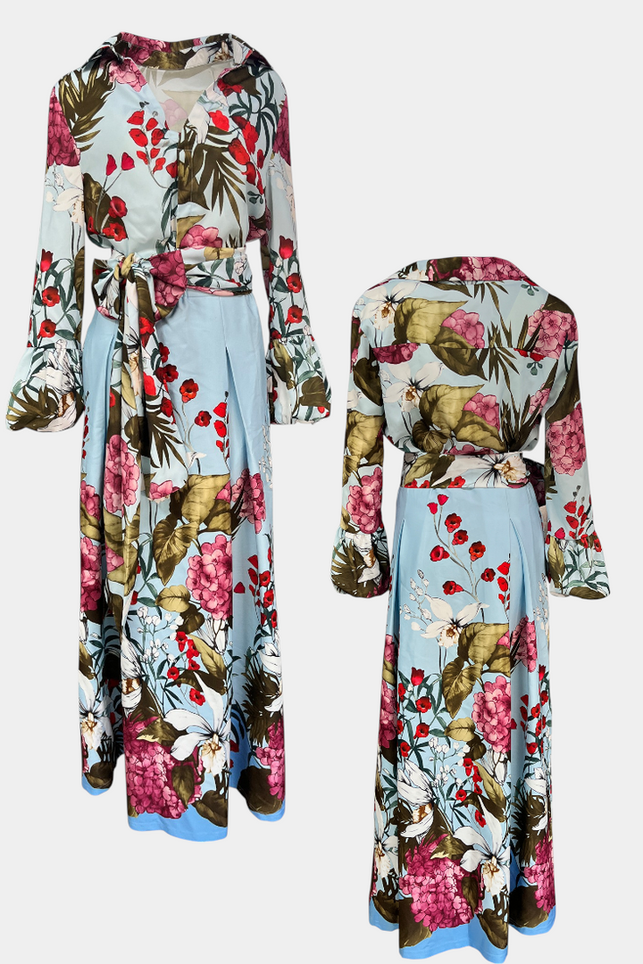 Sanne Elegantiškas Komplektas Su Gėlių Raštu Marškiniais ir Plazdančiomis Kelnėmis