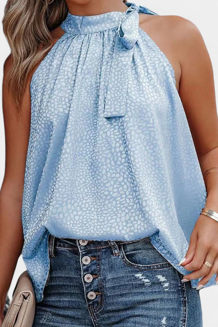 Adela | Leopardų raštuotas be rankovių su aukšta apykakle ir kaspinu