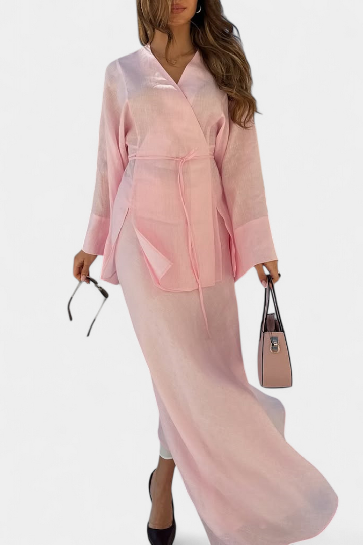 Zelda Marškinėlių Komplektas su V formos Iškirpte ir Sijonu su Atvartu