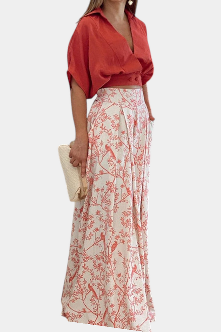 Olivia Boho komplektas su V formos iškirpte ir plačiomis kelnėmis