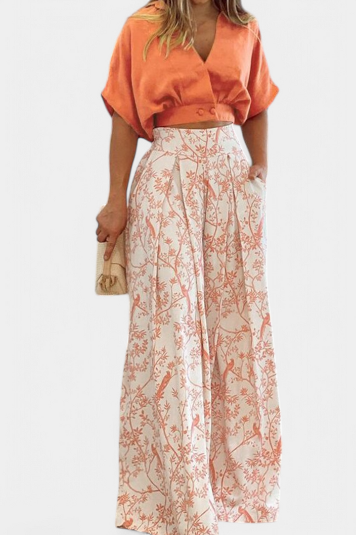 Olivia Boho komplektas su V formos iškirpte ir plačiomis kelnėmis
