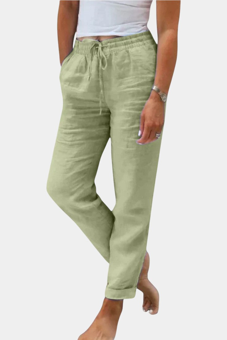 Violetinės Lino Mišinys Kelnės Su Laisvu Kirpimu