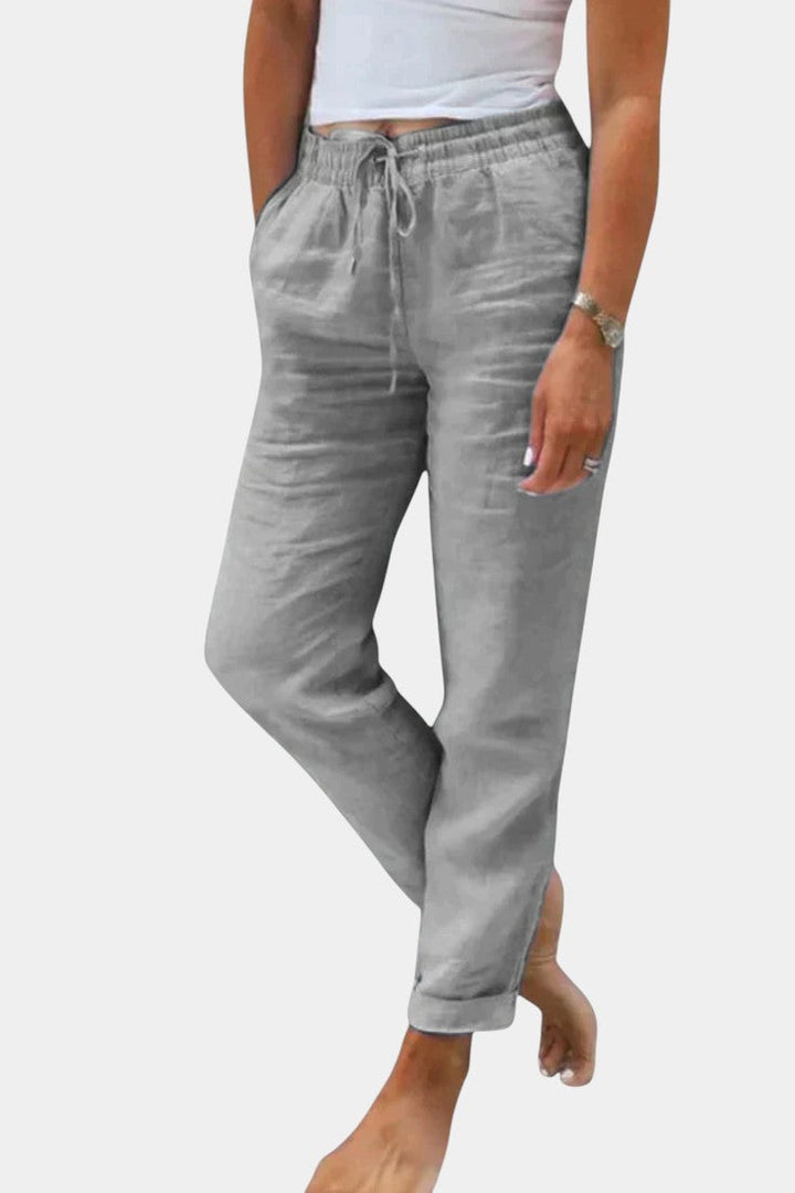 Violetinės Lino Mišinys Kelnės Su Laisvu Kirpimu