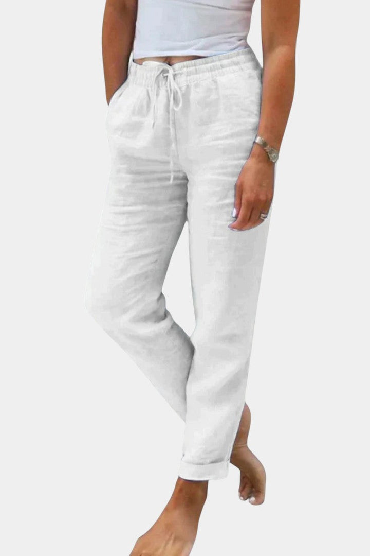 Violetinės Lino Mišinys Kelnės Su Laisvu Kirpimu