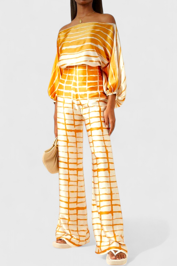 Sybella Dviejų Dalių Komplektas su Atvirais Pečiais ir Plačiomis Kelnėmis