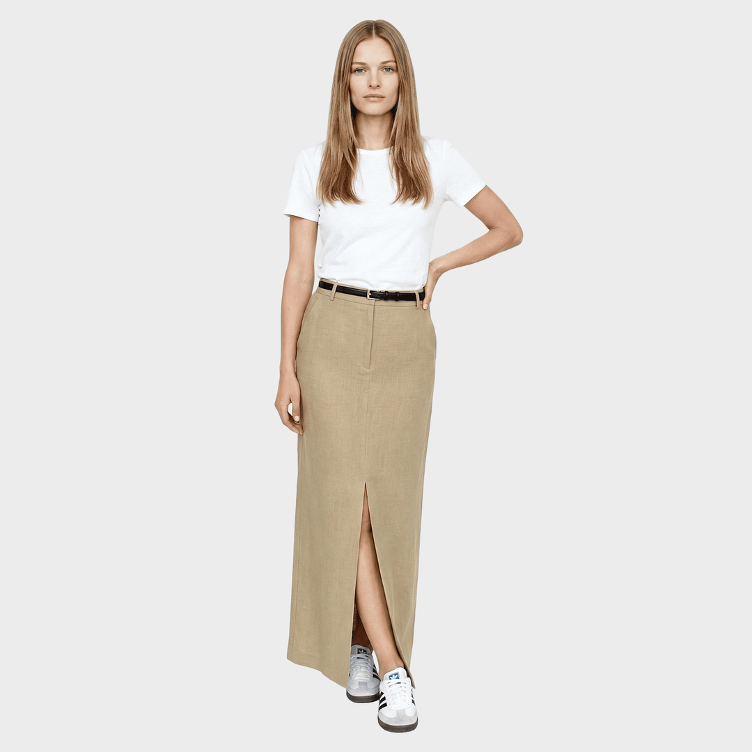 Amani Aukštos Juosmens Ilga Sijonas su Priekinėmis Iškirptomis ir Tiesiu Kirpimu