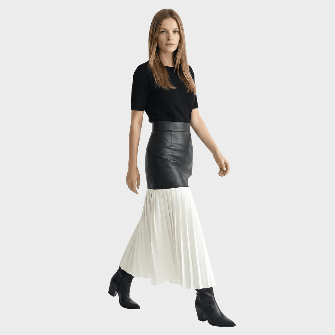 Noelle Falda Maxi Asimetrinė iš Šifono ir Sintetinės Odos