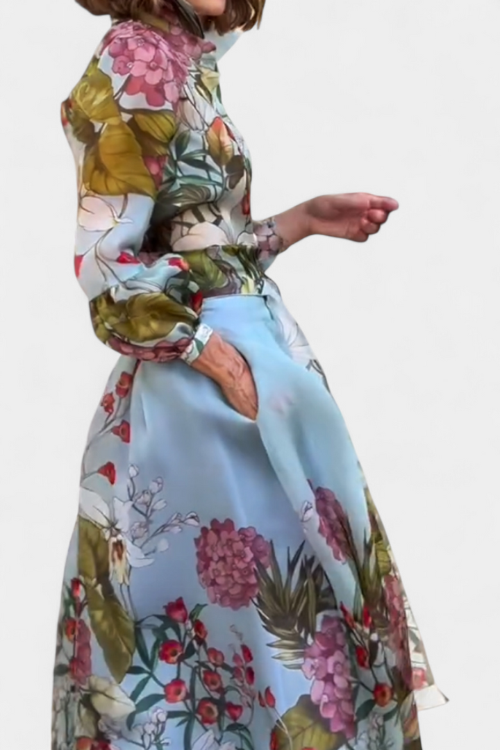 Sanne Elegantiškas Komplektas Su Gėlių Raštu Marškiniais ir Plazdančiomis Kelnėmis