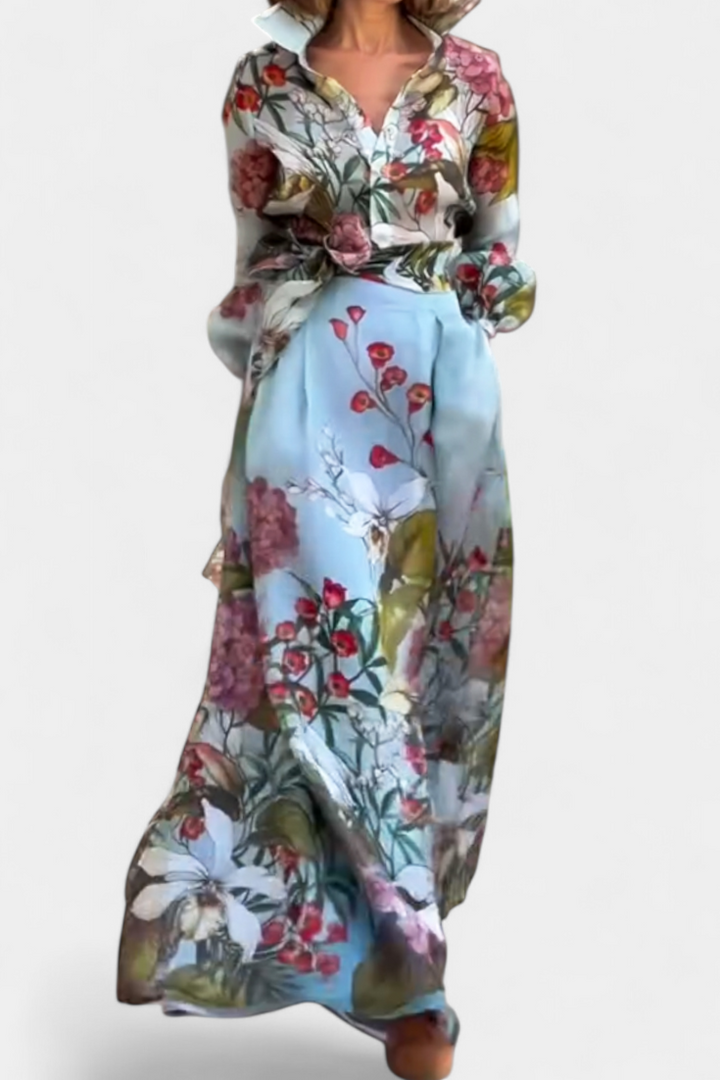 Sanne Elegantiškas Komplektas Su Gėlių Raštu Marškiniais ir Plazdančiomis Kelnėmis