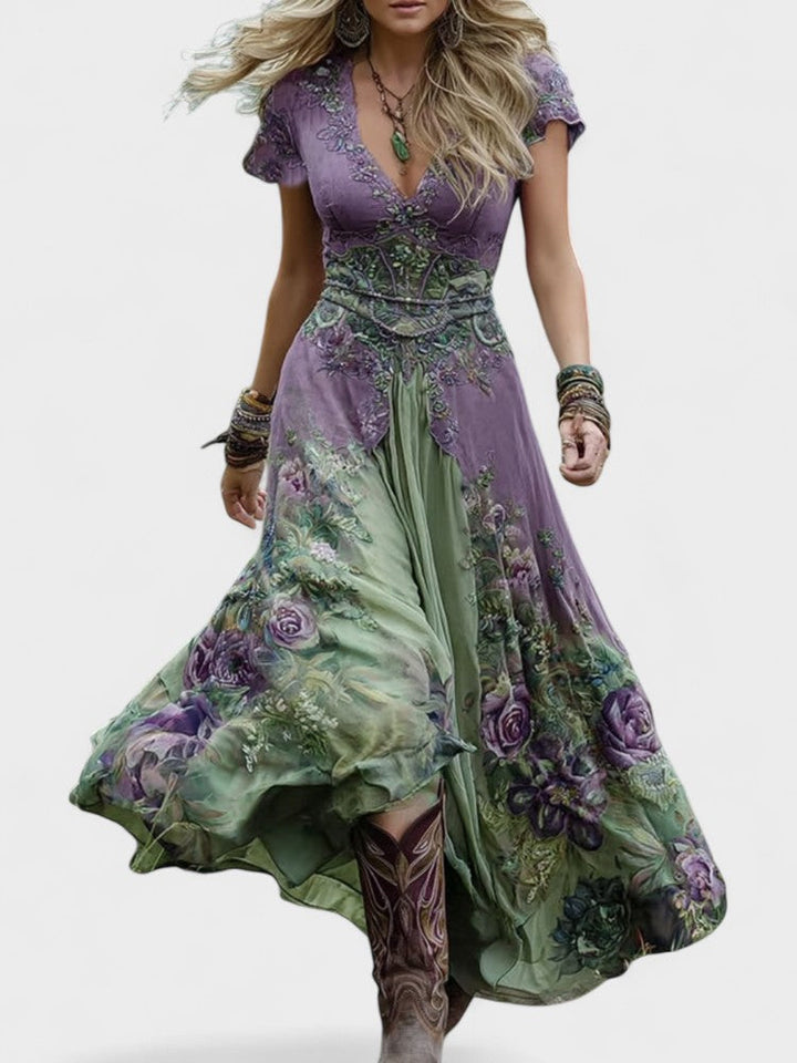 Serena™ | Maxi trumpas suknelė gėlėta levanda su rafinuotu akcentu 