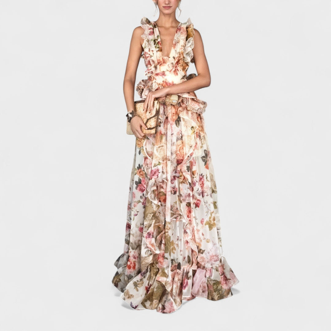 Isabela - Ilga suknelė su gėlių volanais