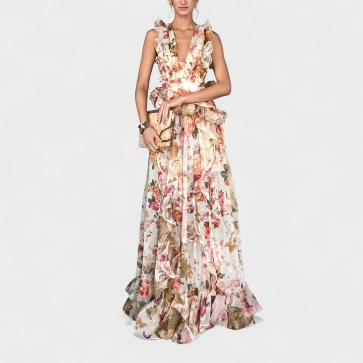 Isabela - Ilga suknelė su gėlių volanais