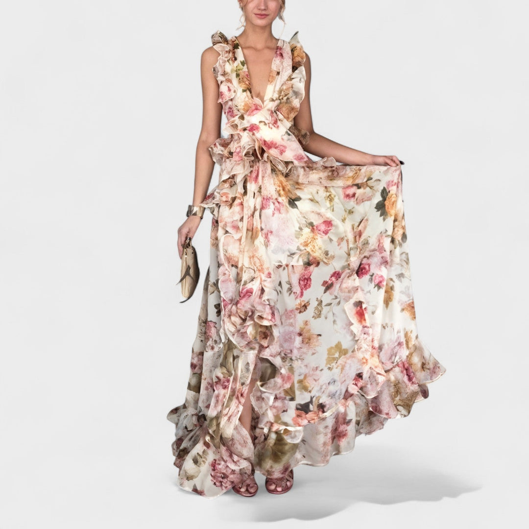 Isabela - Ilga suknelė su gėlių volanais