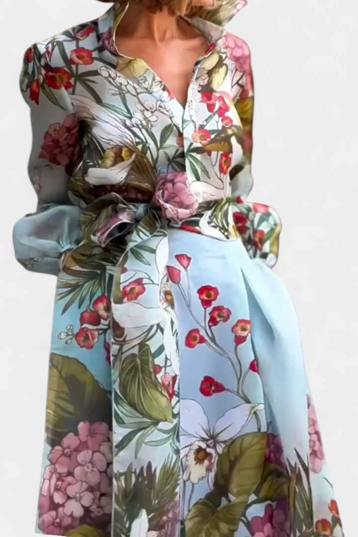 Sanne Elegantiškas Komplektas Su Gėlių Raštu Marškiniais ir Plazdančiomis Kelnėmis