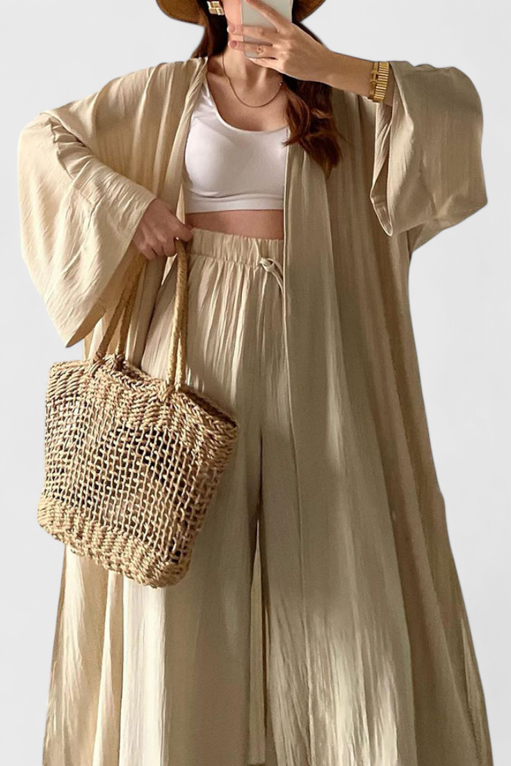 Suella dviejų dalių kasdienis komplektas su ilgu megztiniu ir šoniniu plyšiu