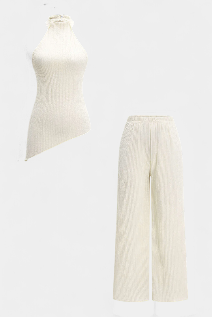 Pilarica Plisuotas Komplektas su Asimetriniu Halterio Topu ir Plazdančiomis Kelnėmis