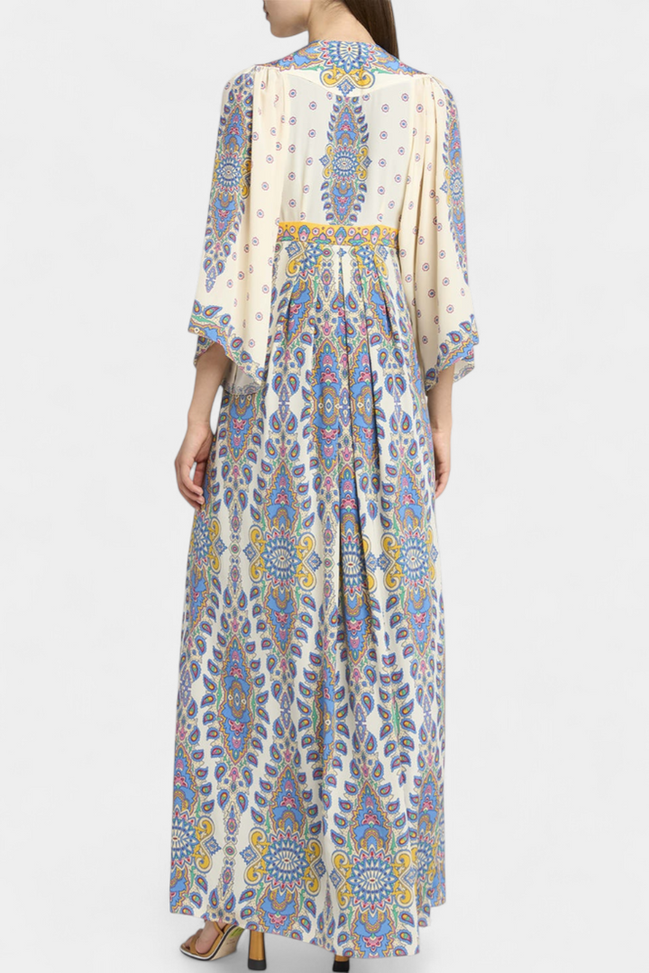 Nuotakos Ilga Suknelė su V Formos Dekolte ir Elegantišku Paisley Raštu