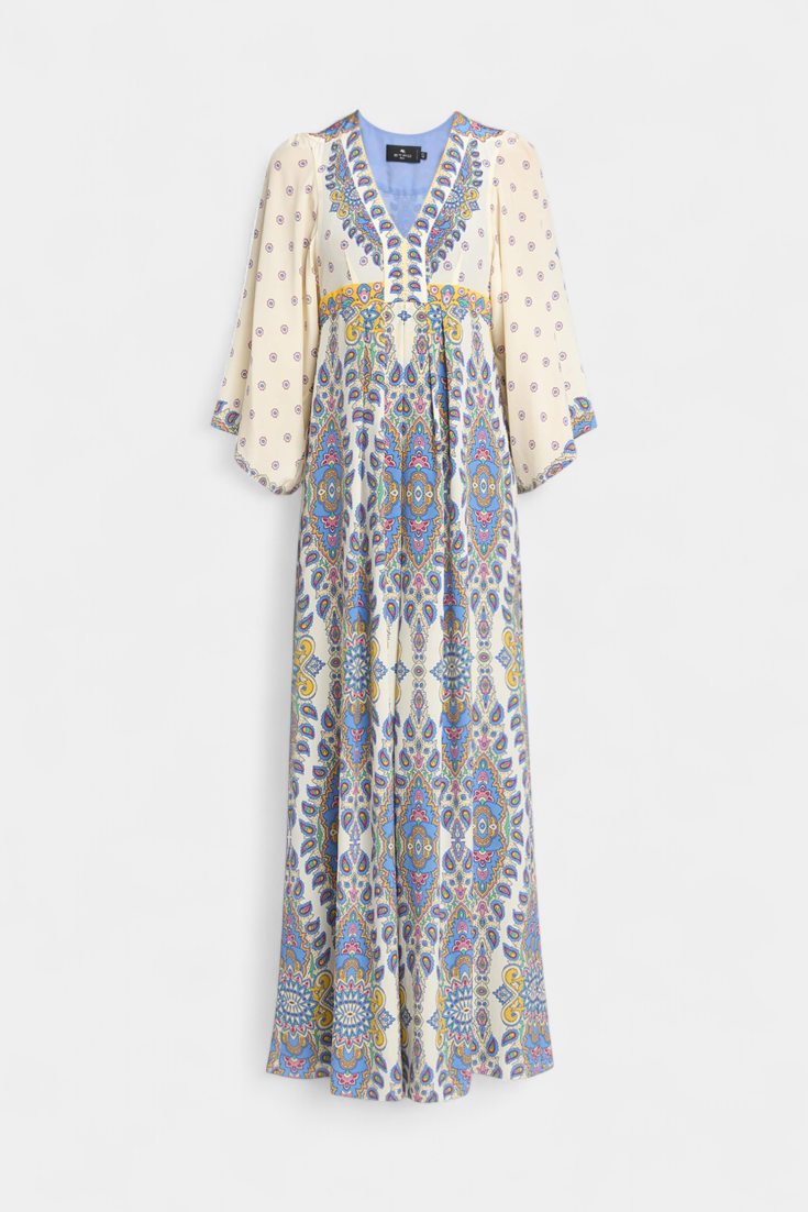 Nuotakos Ilga Suknelė su V Formos Dekolte ir Elegantišku Paisley Raštu