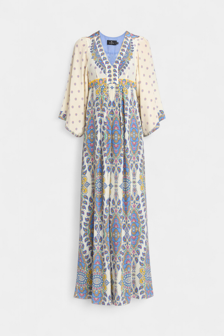 Nuotakos Ilga Suknelė su V Formos Dekolte ir Elegantišku Paisley Raštu