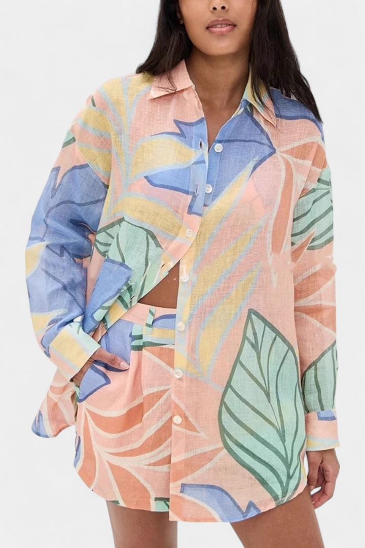 Lumina Tropikų Komplektas arba Laisvo Stiliaus Marškiniai ir Aukšto Juosmens Šortai