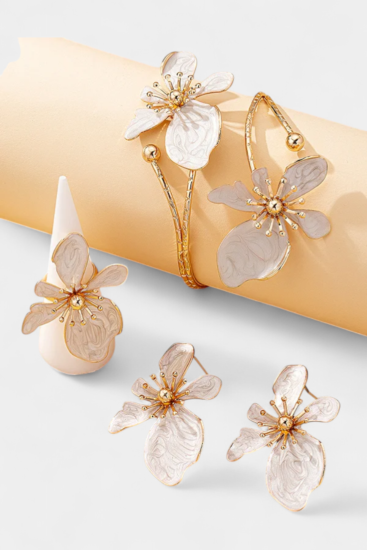 Gėlių Aksesuarų Komplektas: Apyrankė + Auskarai + Žiedai