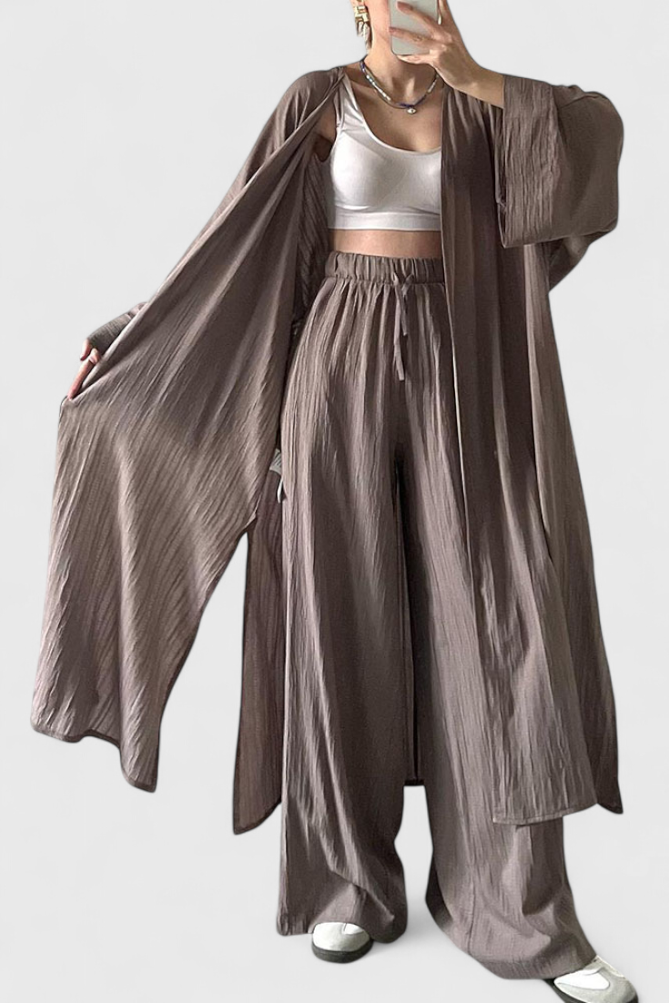 Suella dviejų dalių kasdienis komplektas su ilgu megztiniu ir šoniniu plyšiu