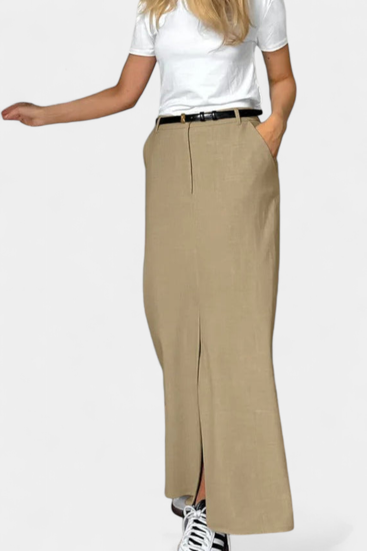 Amani Aukštos Juosmens Ilga Sijonas su Priekinėmis Iškirptomis ir Tiesiu Kirpimu