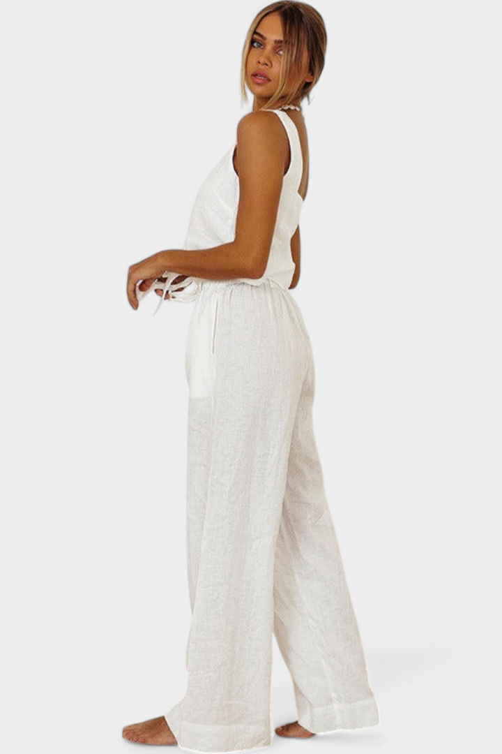 Pascuala Dviejų dalių Lino Komplektas su Be Rankovių Blūze ir Plazdančiomis Kelnėmis