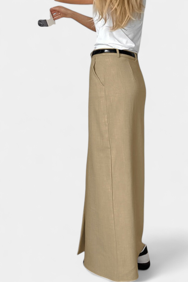 Amani Aukštos Juosmens Ilga Sijonas su Priekinėmis Iškirptomis ir Tiesiu Kirpimu