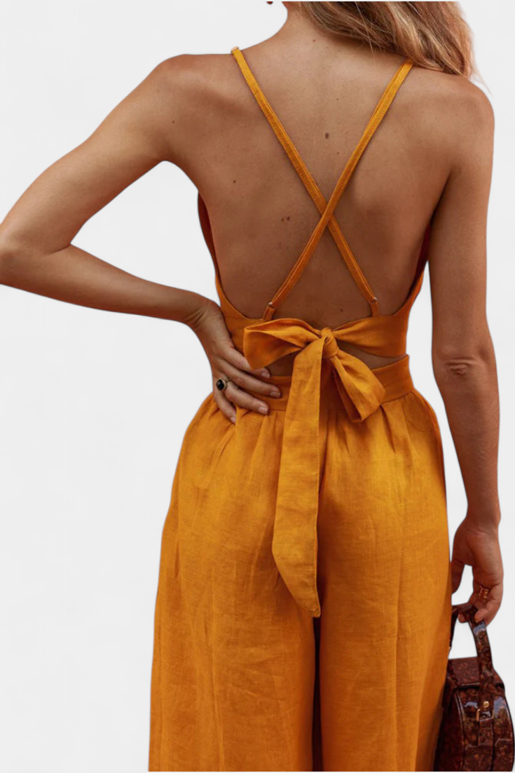 Valentina Atvira Nugaros Nėrinių Liemenė ir Plati Kelnės Komplektas