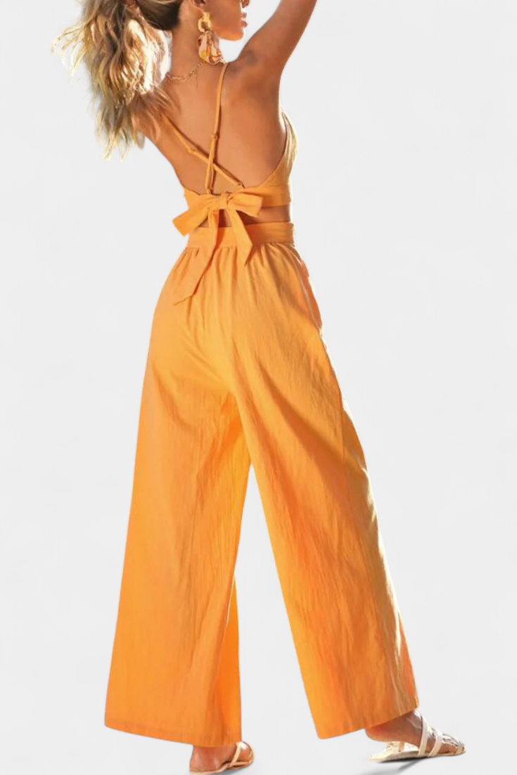 Valentina Atvira Nugaros Nėrinių Liemenė ir Plati Kelnės Komplektas